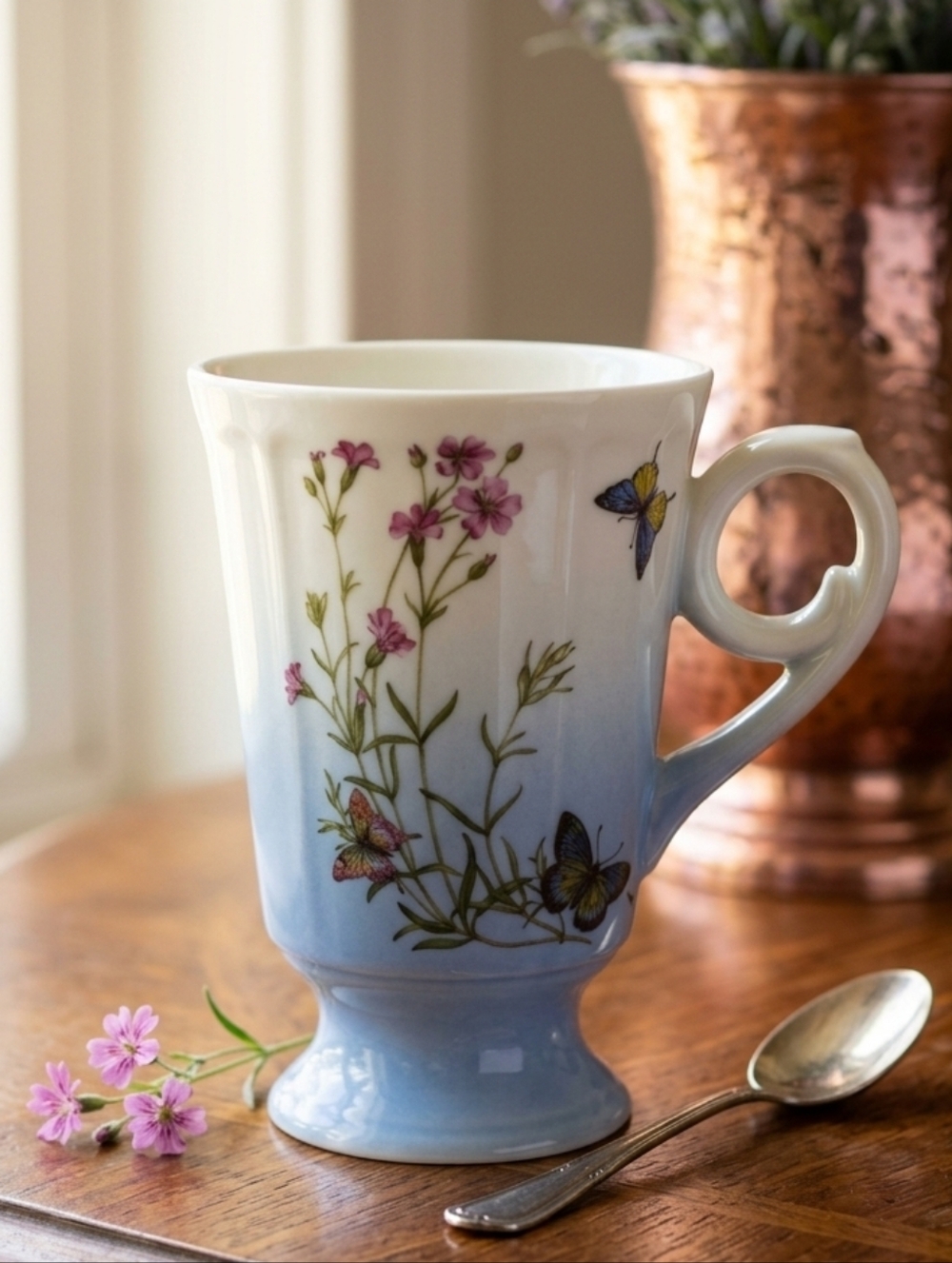 3/$15 MUGS SALE! Burton + Burton Blue Fancy Floral Butterfly Mug Coffee Cup